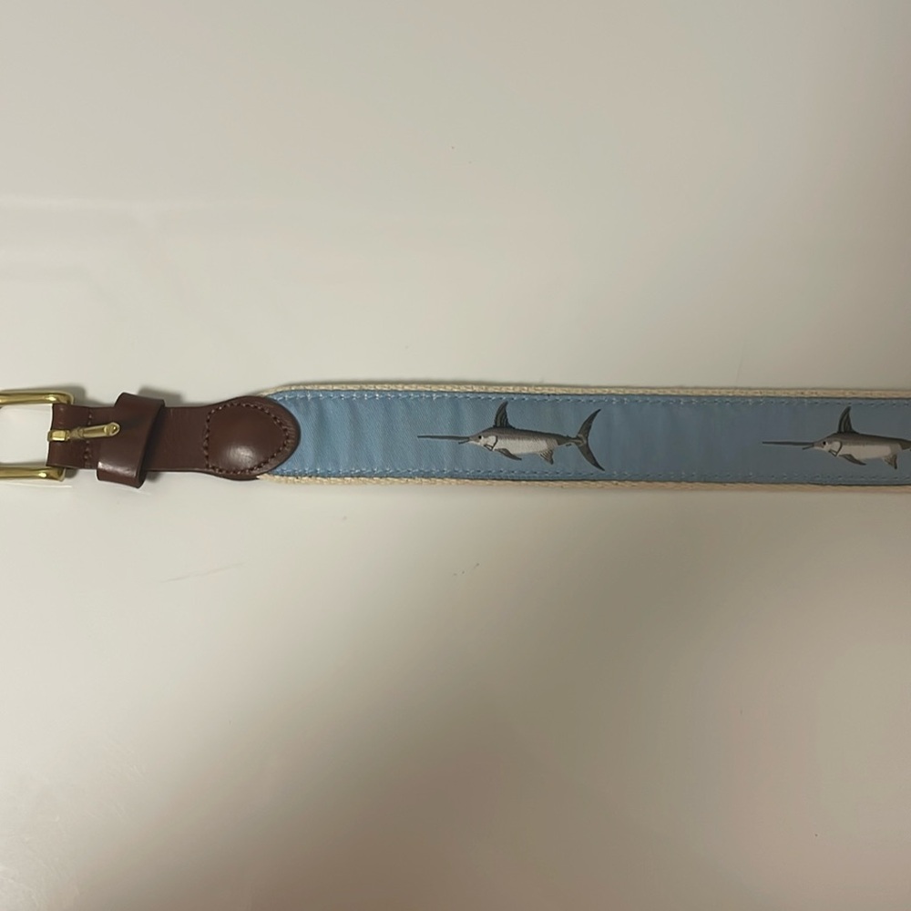 Kids Light Blue Swordfish Print Belt with Brown Leather Trim